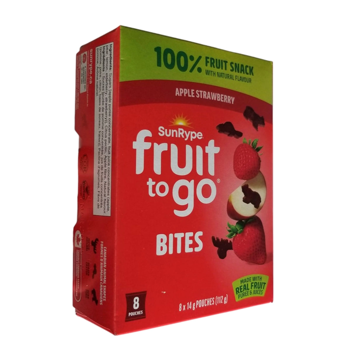 SunRype Fruit to Go Bites, Canadian Animal Shapes, Apple Strawberry, 8 pouches x 14g, 112g/4 oz. Box
